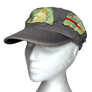 2000s Y2K FRESH KARMA Kitson Gray Distressed Unicorn Patchwork Newsboy Cap Hat